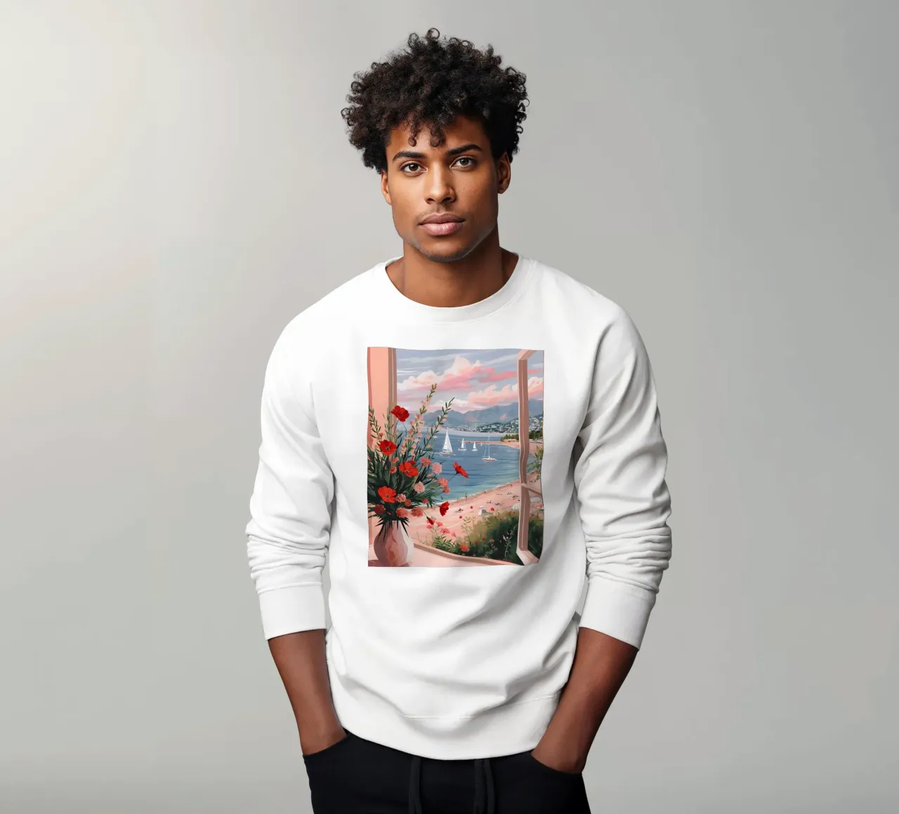 Impression d'art sur la vue d'une fenêtre côtière - French Riviera Charm sweat de ClubArt