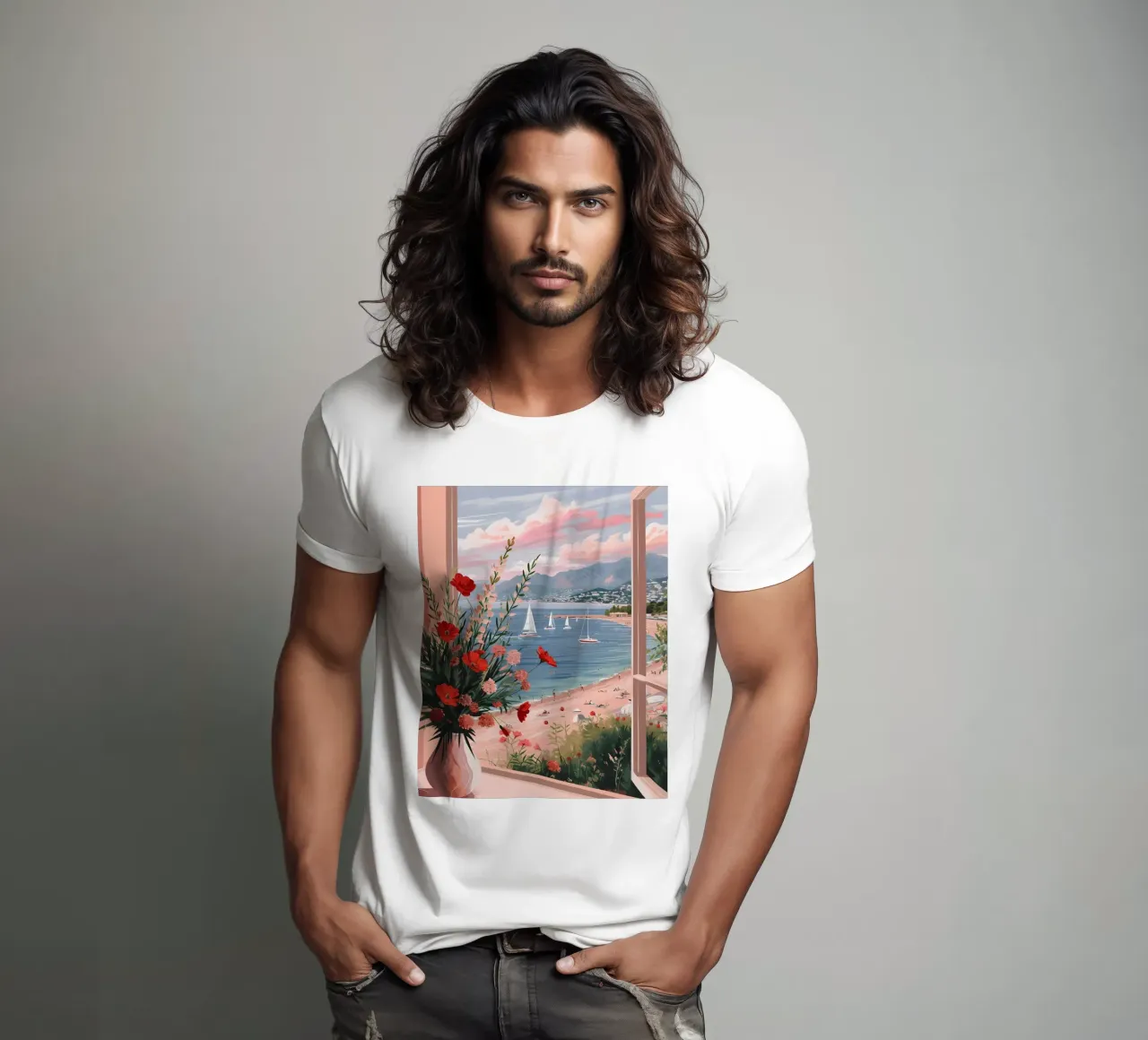 Coastal Window View Art Print - French Riviera Charm t-shirt by ClubArt