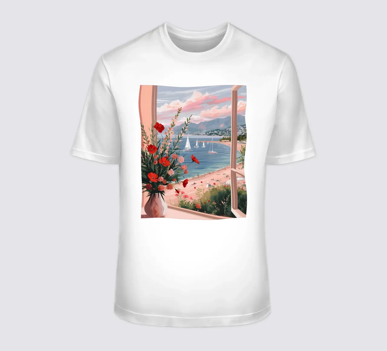 Coastal Window View Art Print - French Riviera Charm t-shirt by ClubArt