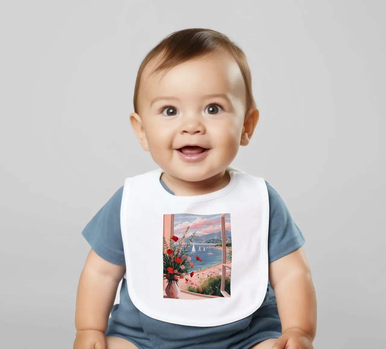 Coastal Window View Art Print - French Riviera Charm baby bib by ClubArt