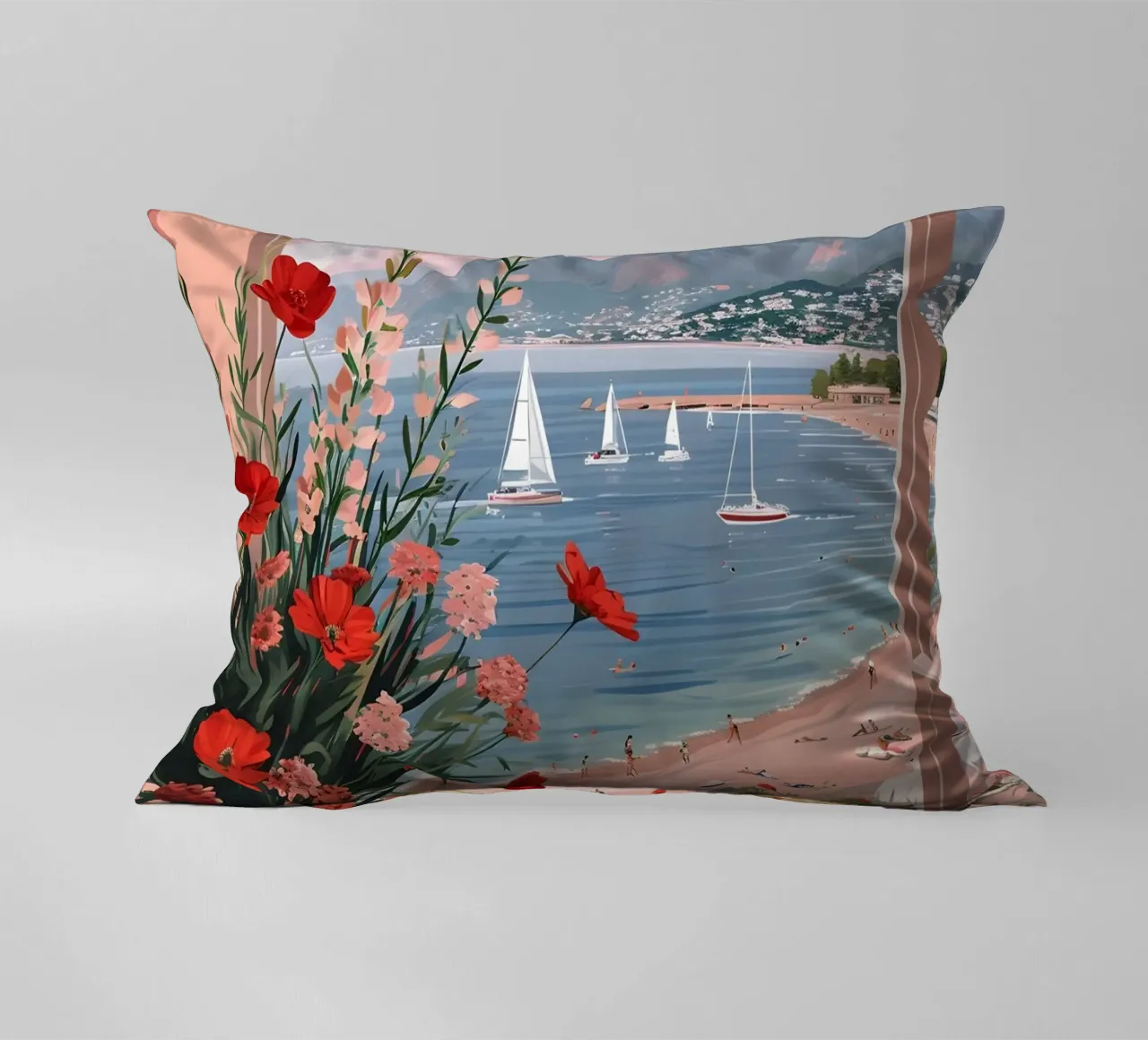 Coastal Window View Art Print - French Riviera Charm decorative cushion by ClubArt