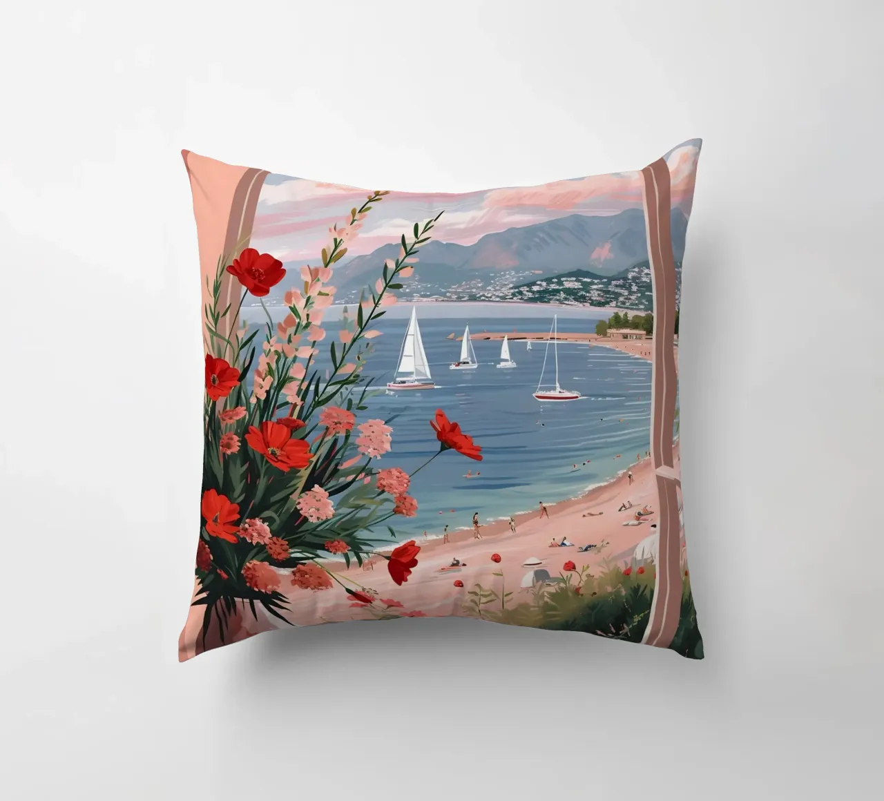 Coastal Window View Art Print - French Riviera Charm decorative cushion by ClubArt