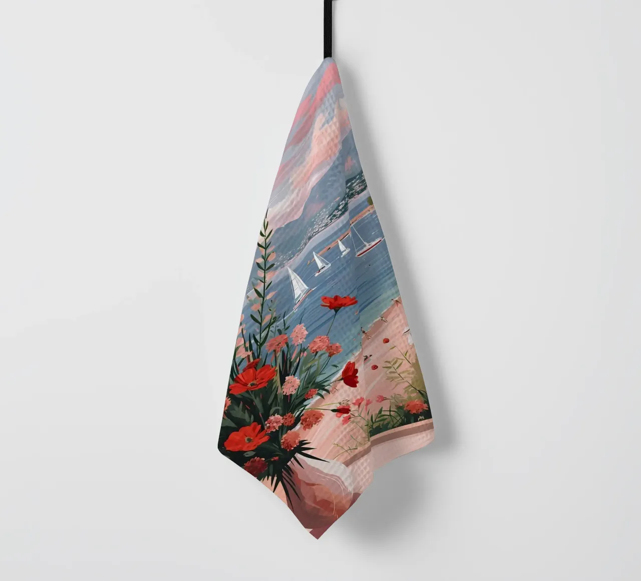 Impression d'art sur la vue d'une fenêtre côtière - French Riviera Charm torchon de ClubArt