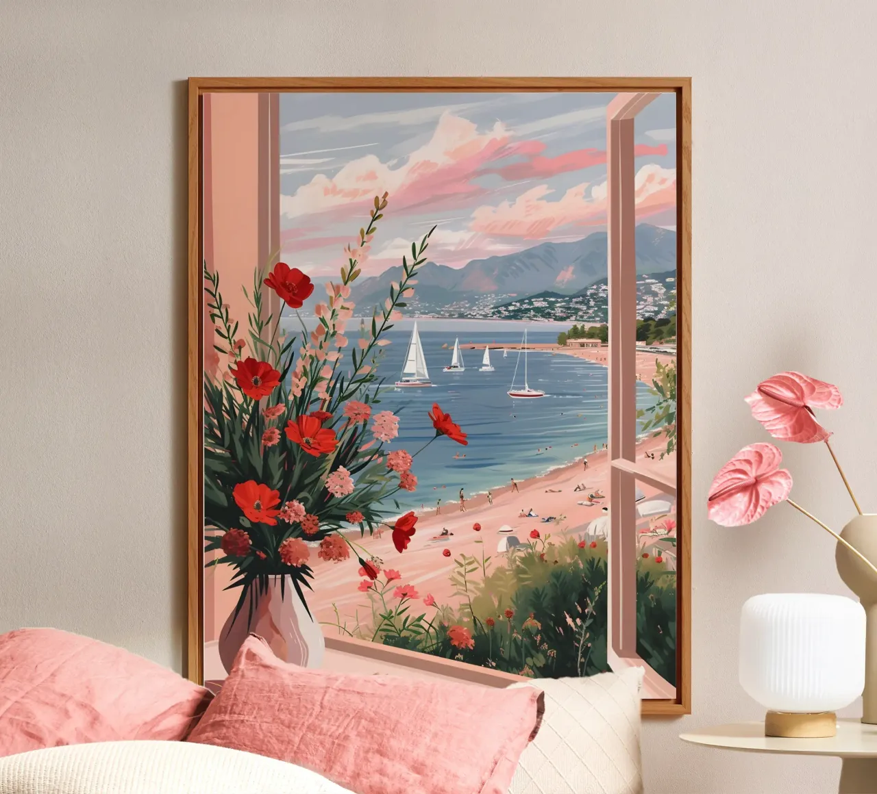 Coastal Window View Art Print - French Riviera Charm alu-dibond by ClubArt