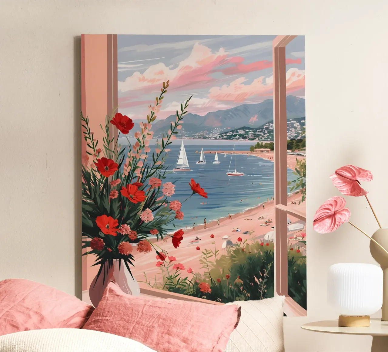 Coastal Window View Art Print - French Riviera Charm canvas by ClubArt