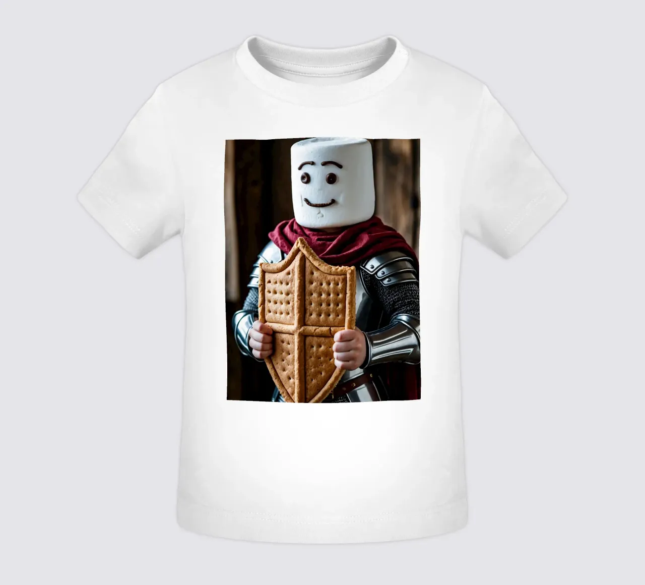 marshmallow knight holding a gingerbread shield baby t-shirt by DesignDoodle