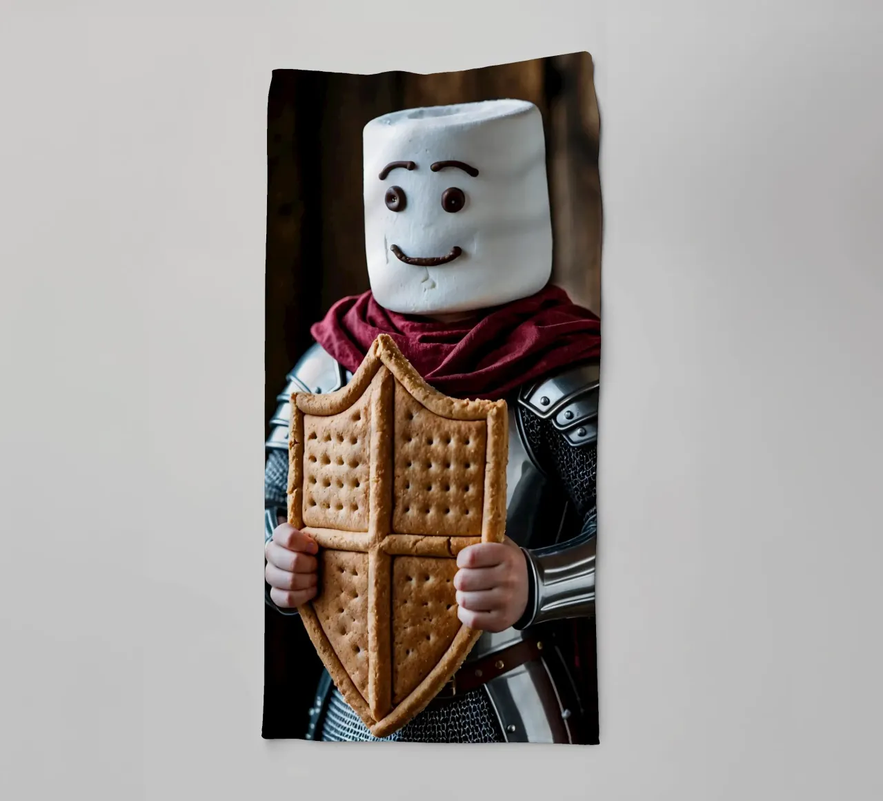 cavaliere di marshmallow che regge uno scudo di pan di zenzero asciugamano da bagno da DesignDoodle