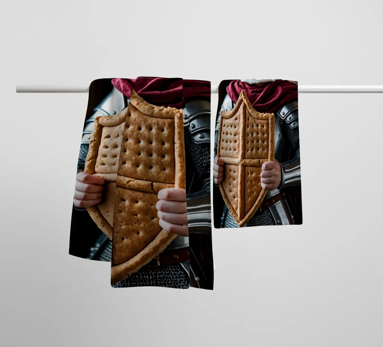 cavaliere di marshmallow che regge uno scudo di pan di zenzero asciugamano da bagno da DesignDoodle