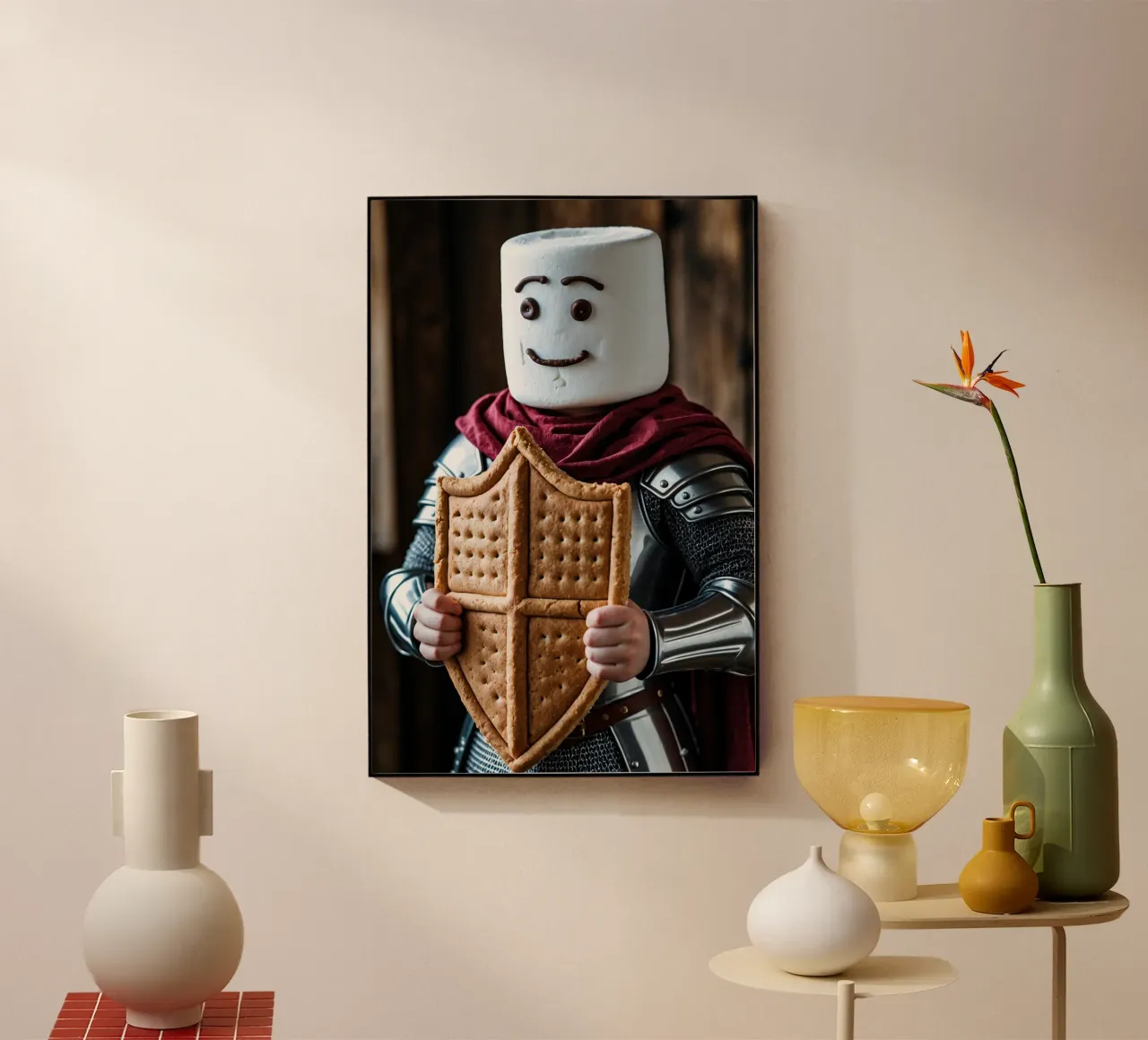 cavaliere di marshmallow che regge uno scudo di pan di zenzero plexiglass da DesignDoodle