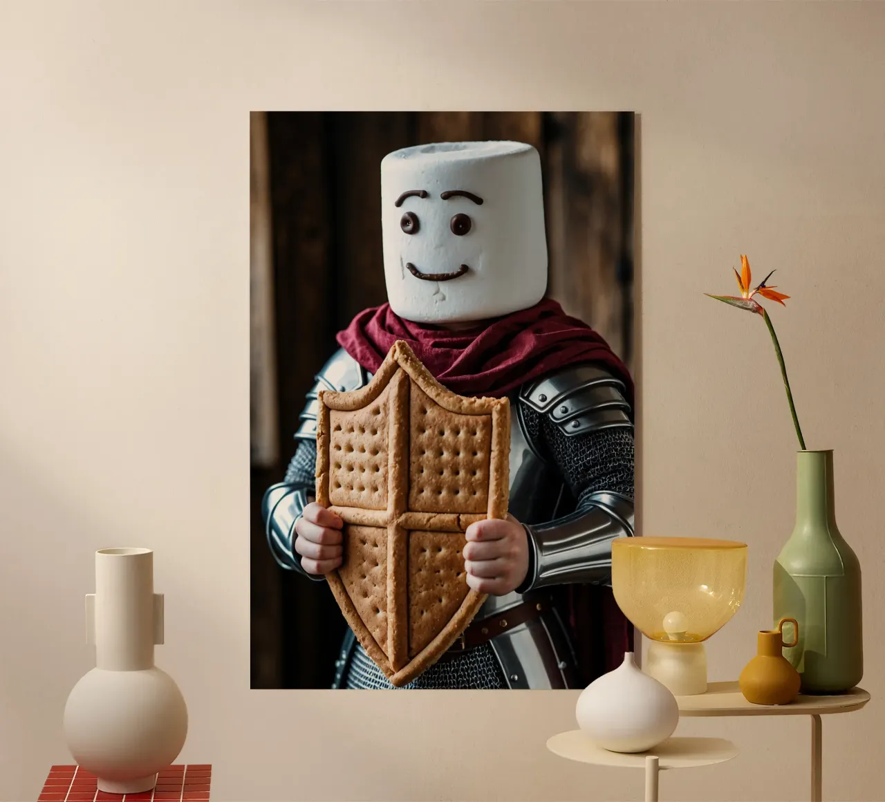 cavaliere di marshmallow che regge uno scudo di pan di zenzero plexiglass da DesignDoodle