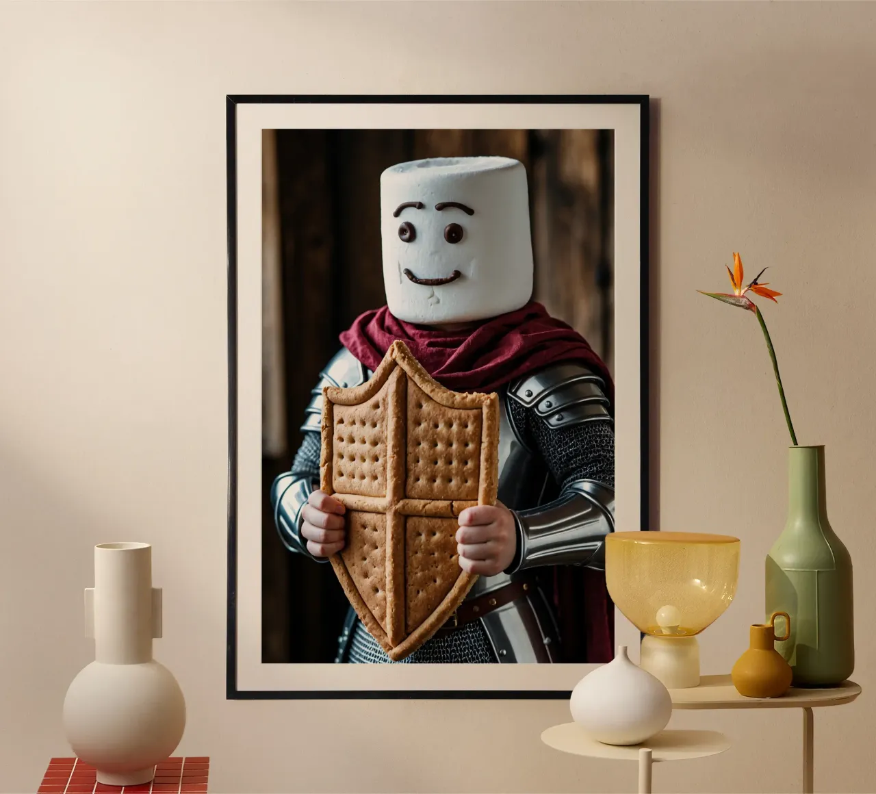 cavaliere di marshmallow che regge uno scudo di pan di zenzero carta hahnemühle da DesignDoodle