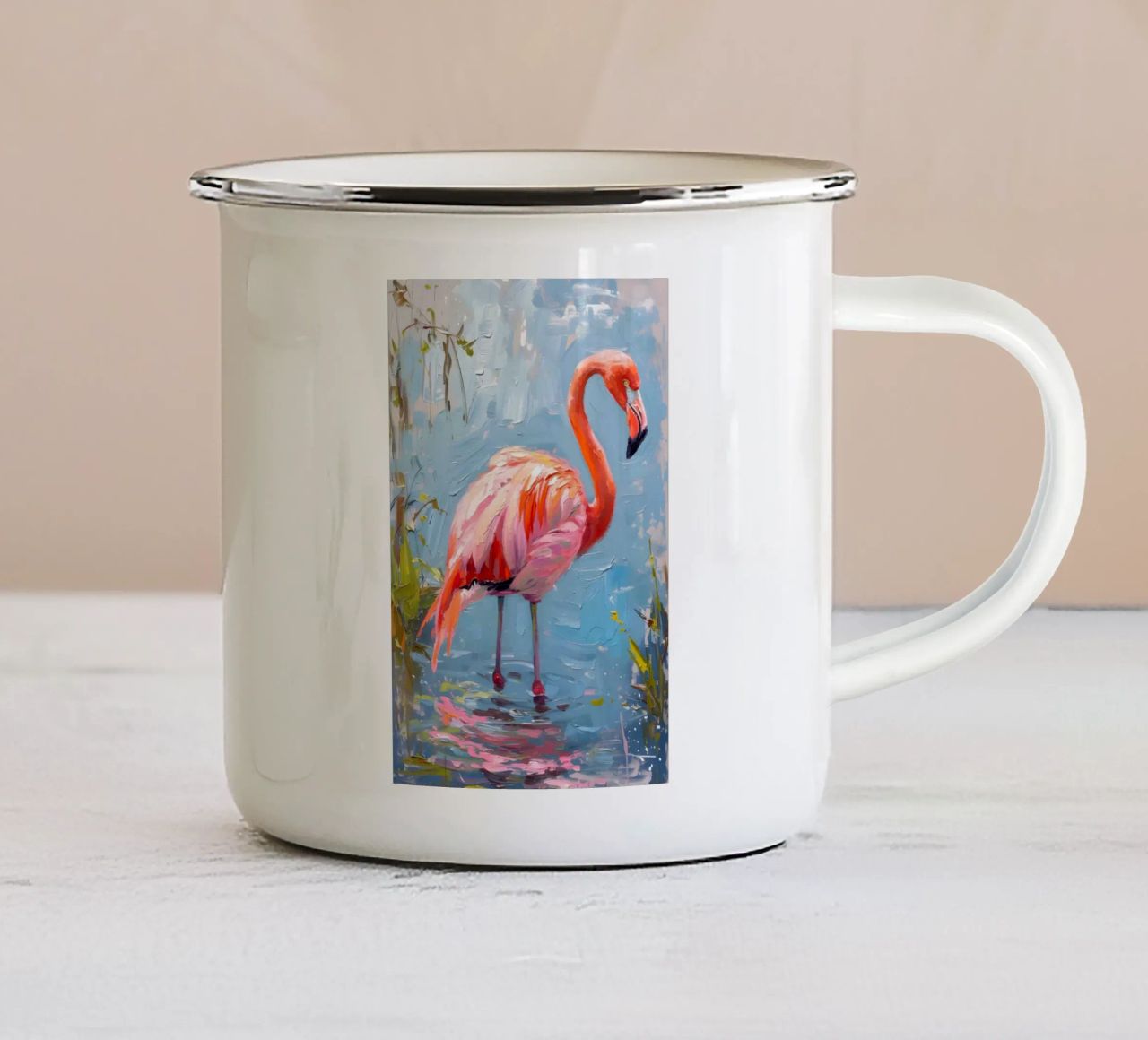 Lebendige Flamingo Ölgemälde - Impressionist Wildlife Art P Emaille Tasse von ClubArt