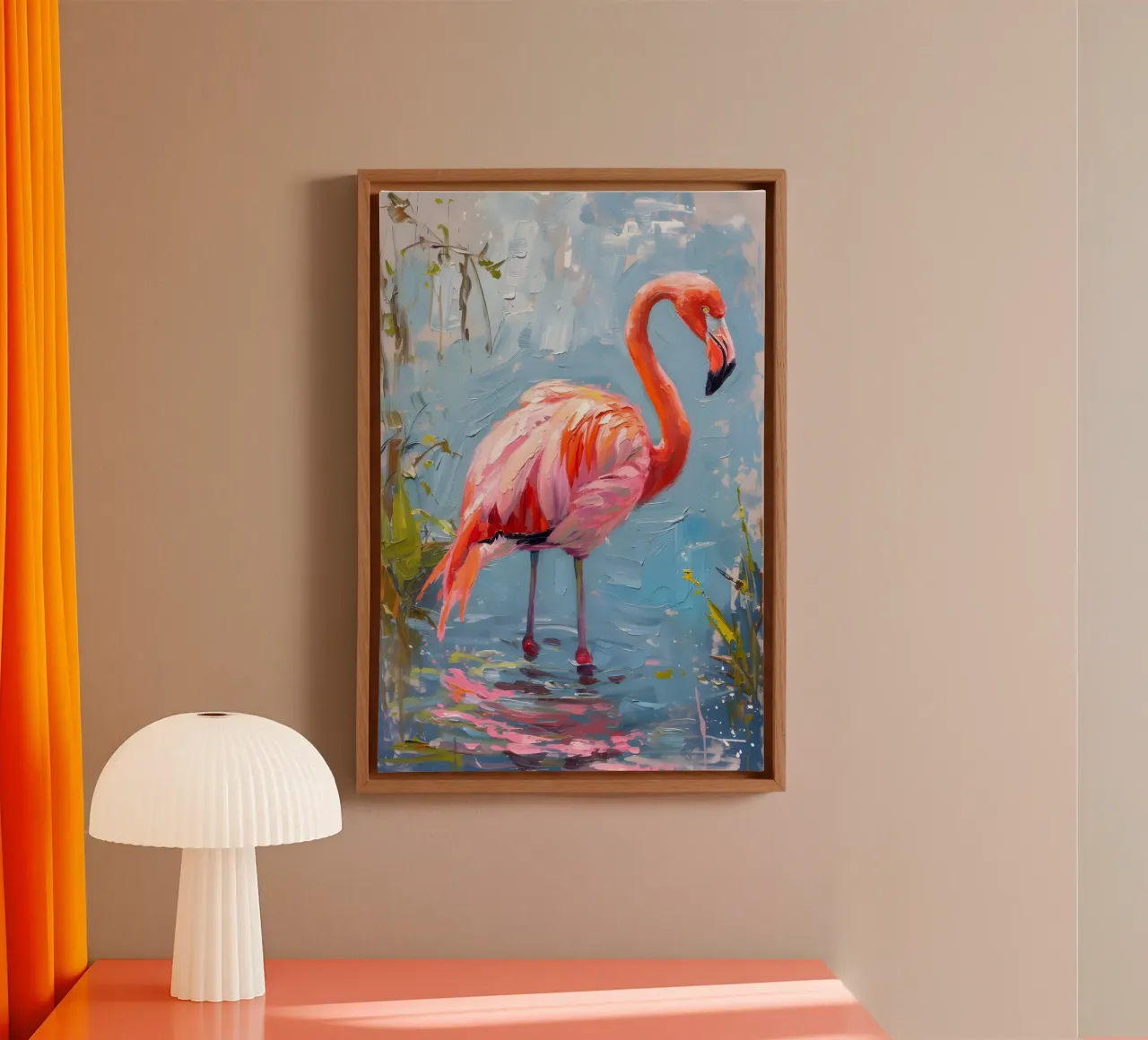 Lebendige Flamingo Ölgemälde - Impressionist Wildlife Art P Leinwand mit Schattenfugenrahmen von ClubArt