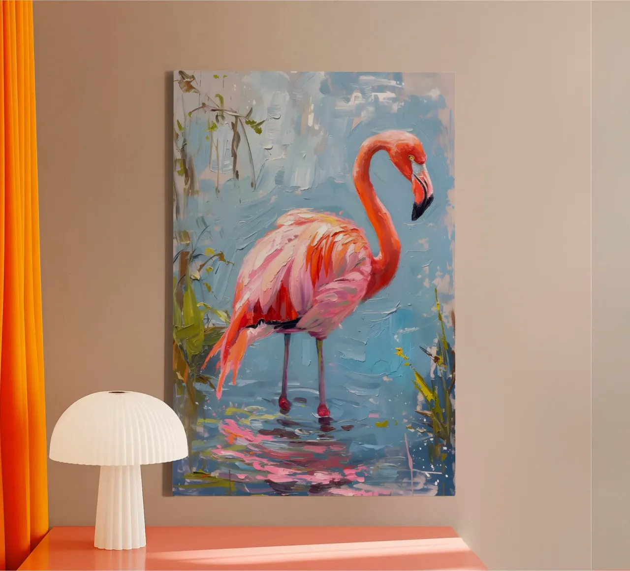Lebendige Flamingo Ölgemälde - Impressionist Wildlife Art P Leinwand mit Schattenfugenrahmen von ClubArt