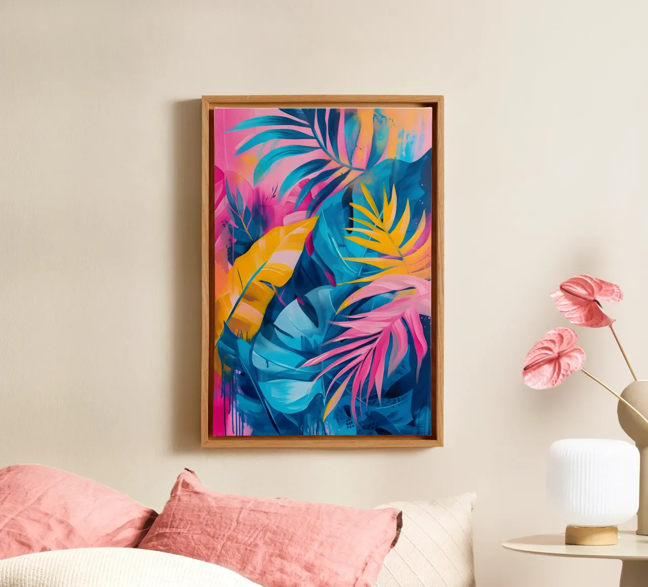 Vibrant Tropical Leaves Abstract - Maximalist Botanical Art canvas with Floater frame by ClubArt