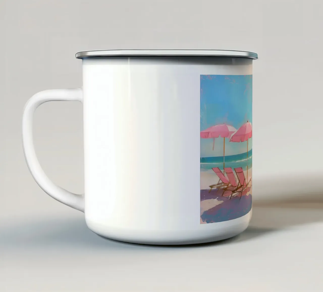 Beach Please - Roze Paraplu's Kust Kunstdruk emaille mok van ClubArt