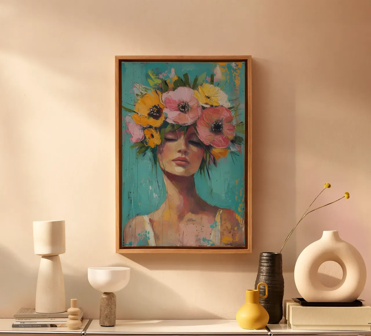 Vrouw met bloemenkroon - Expressief modern portret canvas met Baklijst van ClubArt