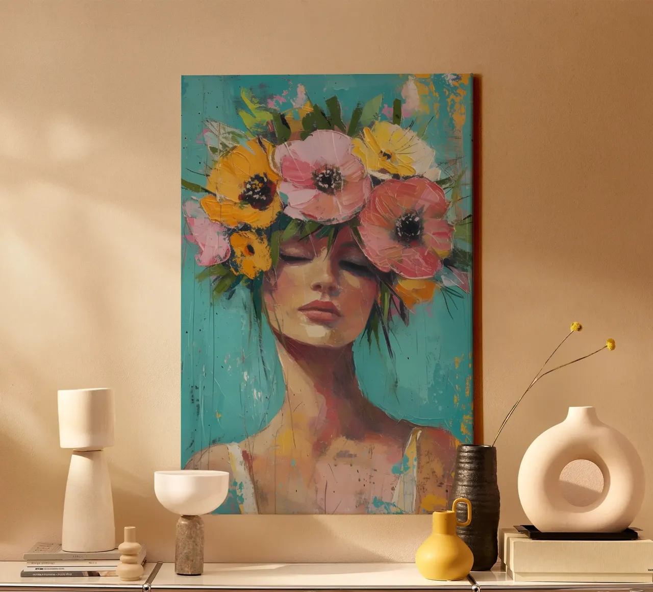 Vrouw met bloemenkroon - Expressief modern portret canvas met Baklijst van ClubArt