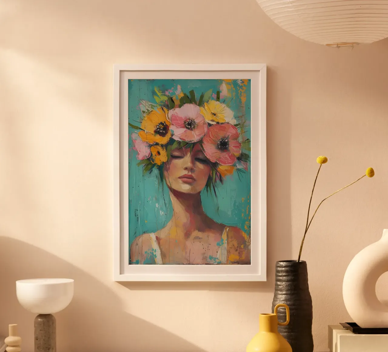 Donna con corona floreale - Ritratto moderno e espressivo poster con telaio in legno da ClubArt