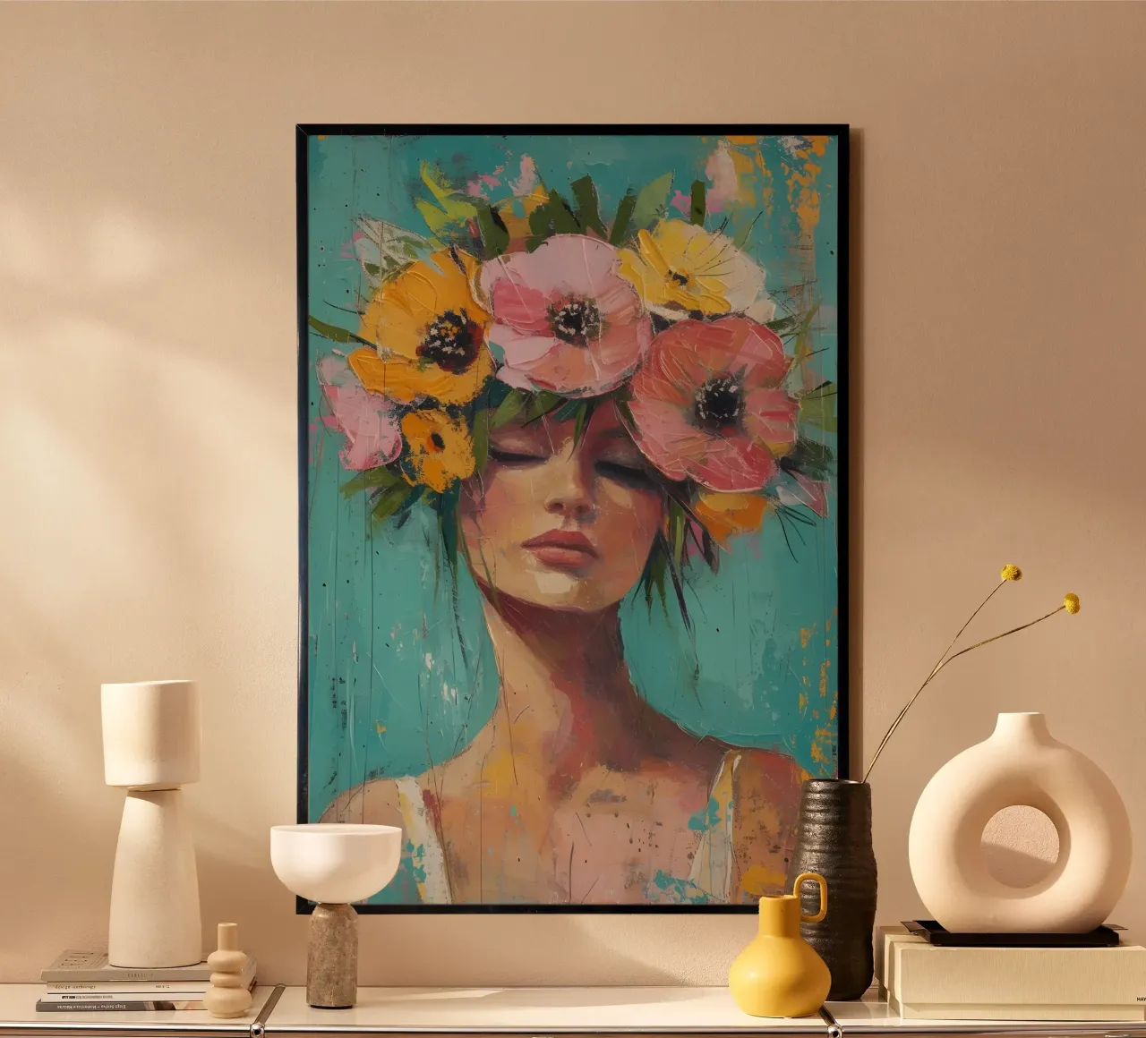 Donna con corona floreale - Ritratto moderno e espressivo poster con telaio in legno da ClubArt