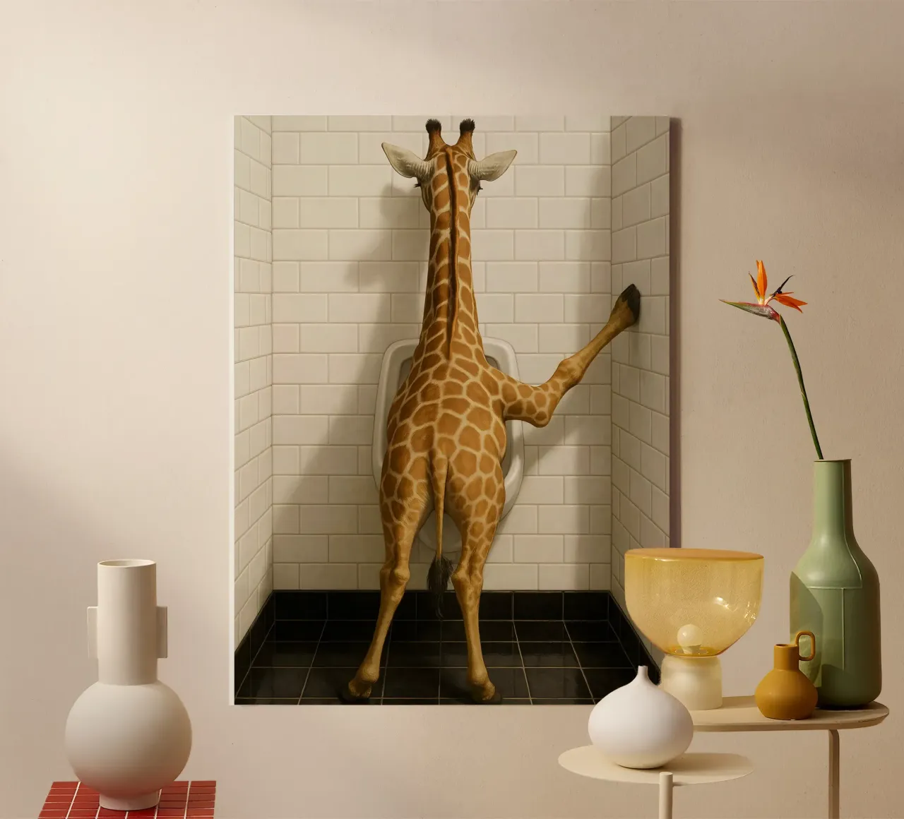 Jirafa Inodoro Baño Divertido lienzo con Marco flotante de ARTOMATIC