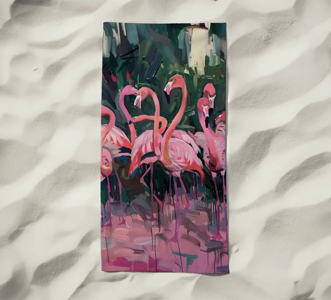 Troupeau de flamants - Art impressionniste expressif de la faune et de la flore serviette de plage de ClubArt