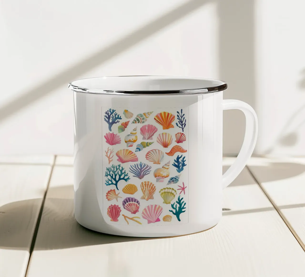 Watercolor Seashells & Coral - Coastal Beach Art Print enamel mug by ClubArt