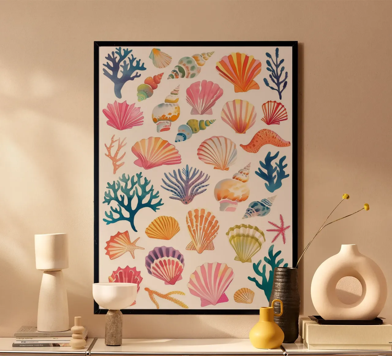 Conchas de acuarela y coral - Impresión artística de una playa costera poster con marco de madera de ClubArt