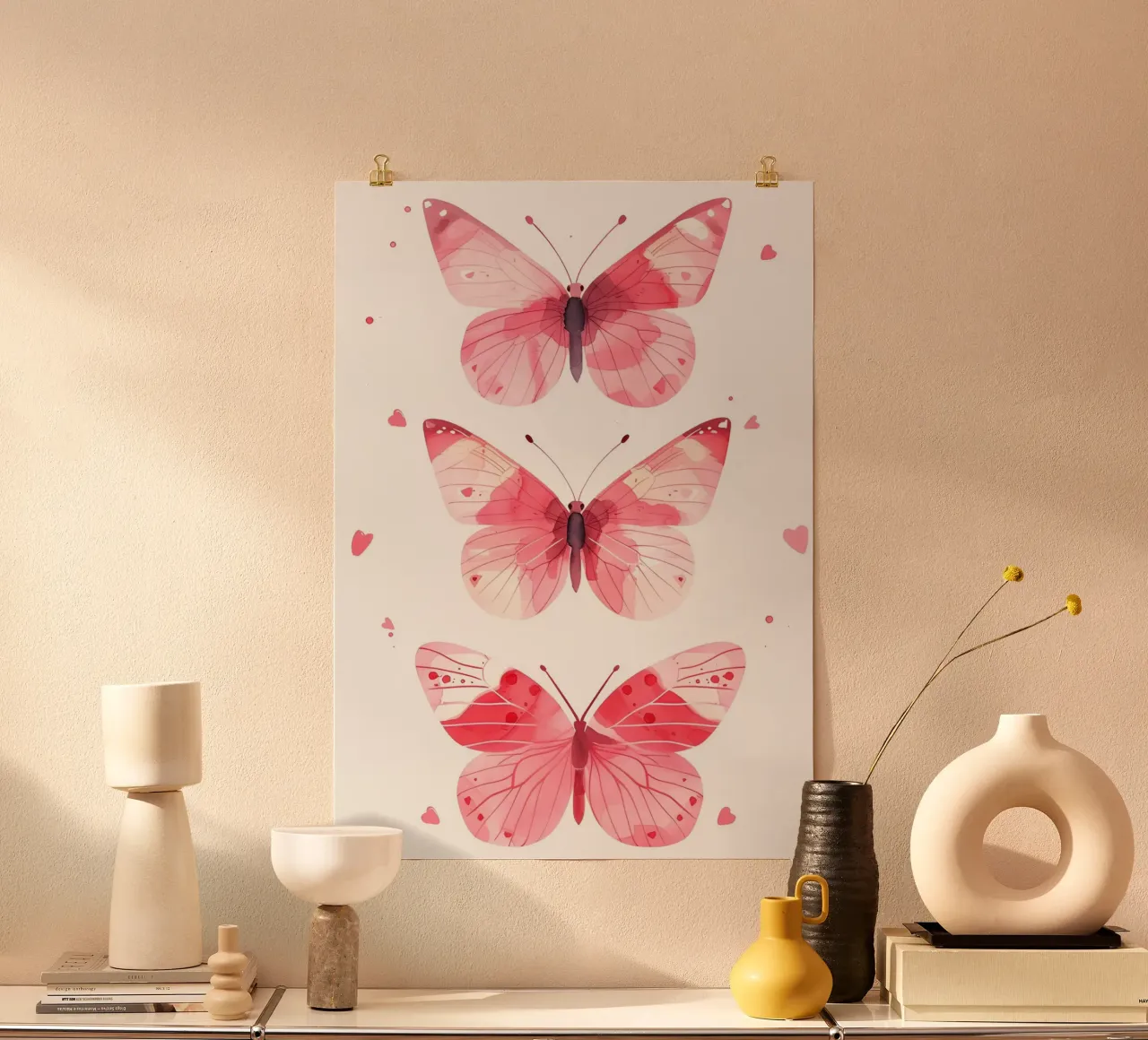 Rosa Aquarell Schmetterlinge - Ästhetischer & verträumter Kunstdruck Poster mit Kunststoffrahmen von ClubArt