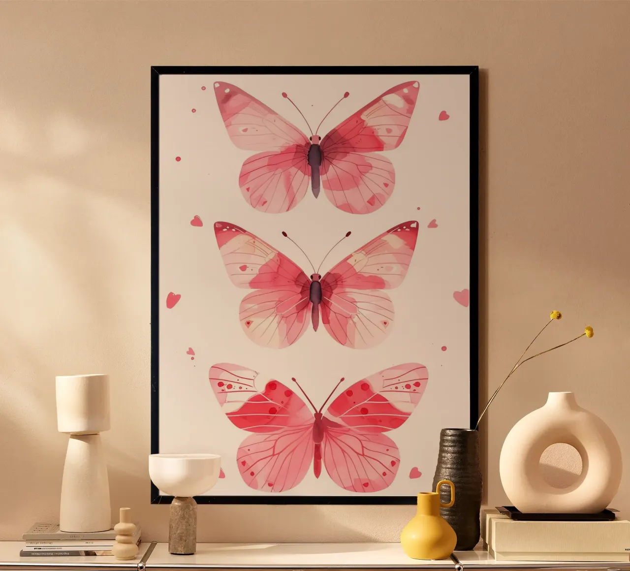 Rosa Aquarell Schmetterlinge - Ästhetischer & verträumter Kunstdruck Poster mit Kunststoffrahmen von ClubArt