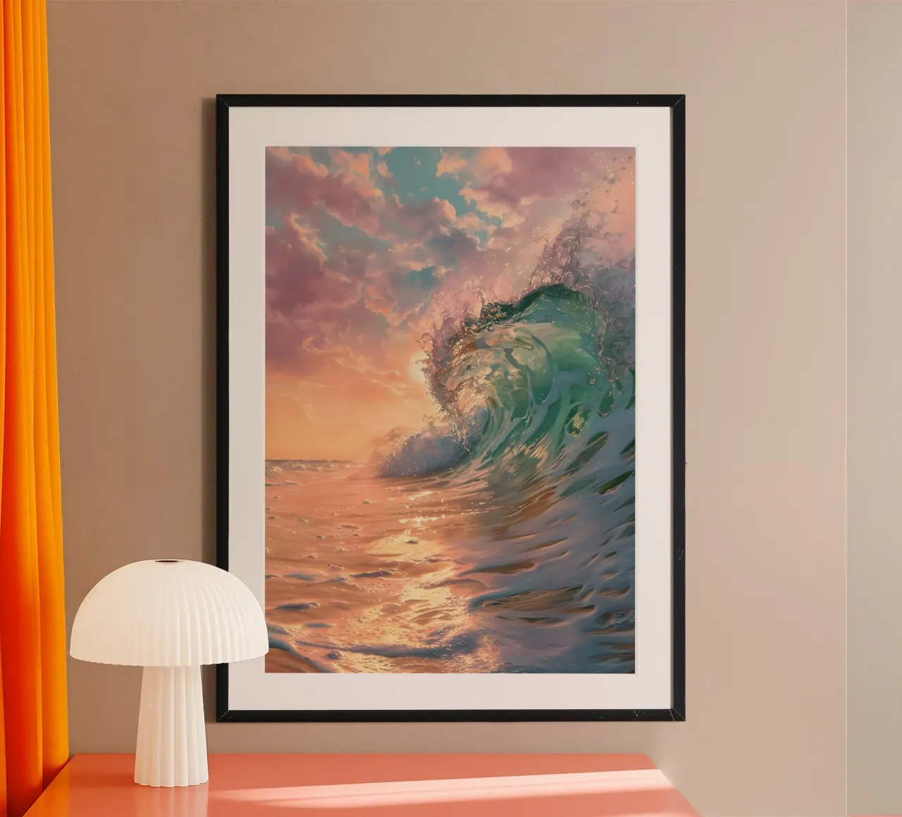 Sunset Ocean Wave - Levendige kustlijn zeegezicht kunst poster van ClubArt