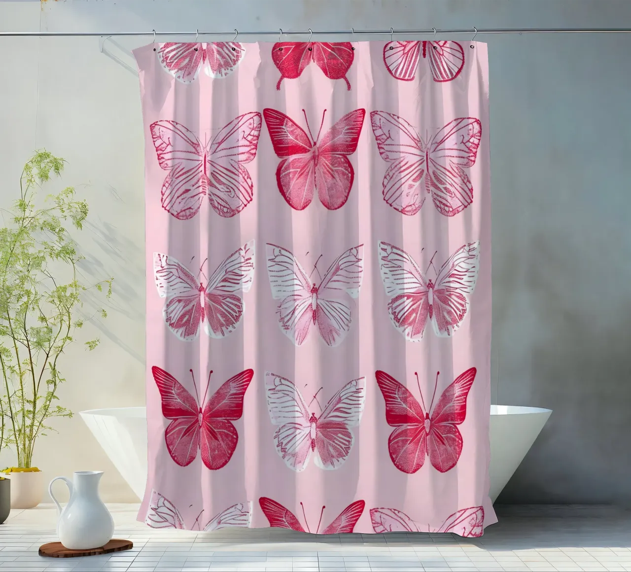 Elegante Schmetterlinge - Rosa Muster Minimalistischer Kunstdruck Duschvorhang von ClubArt