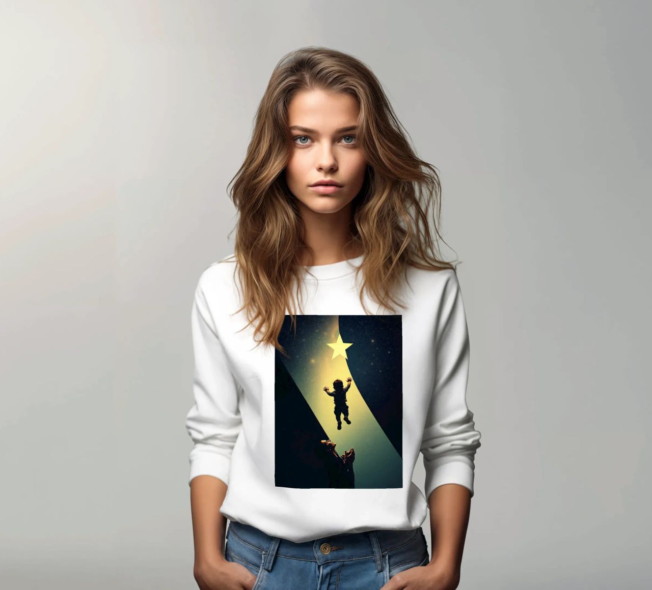 Enfant tentant d'atteindre une étoile sous le regard émerveillé d'un parent sweat de DesignDoodle