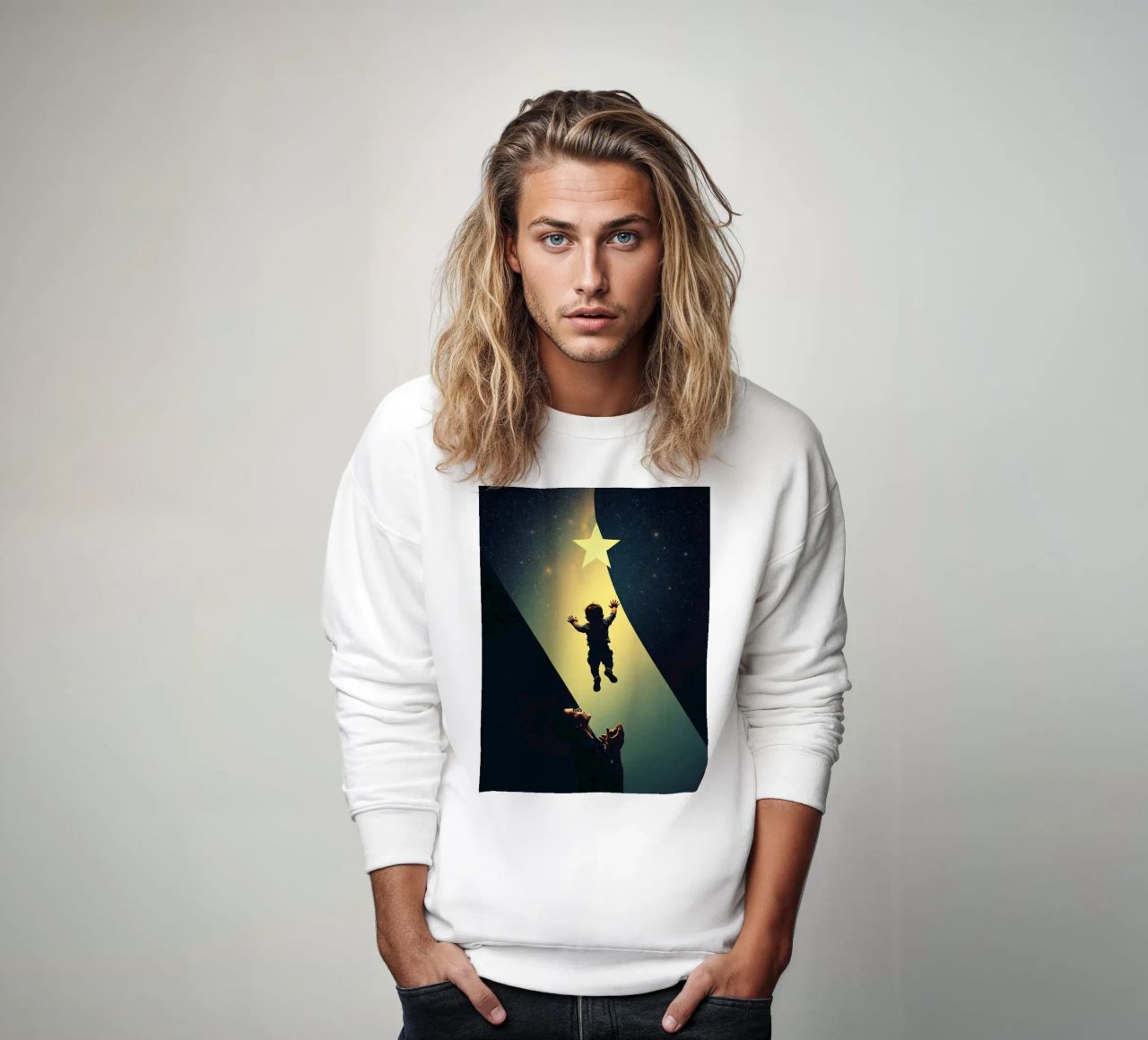 Enfant tentant d'atteindre une étoile sous le regard émerveillé d'un parent sweat de DesignDoodle