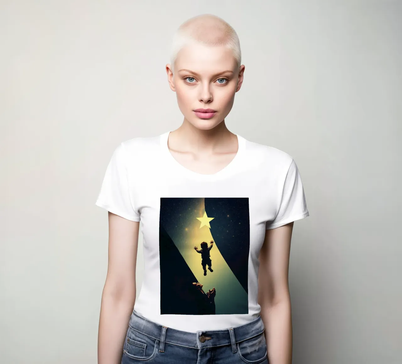 Child reaching for a star while parent looks on in awe women's fitted t-shirt by DesignDoodle