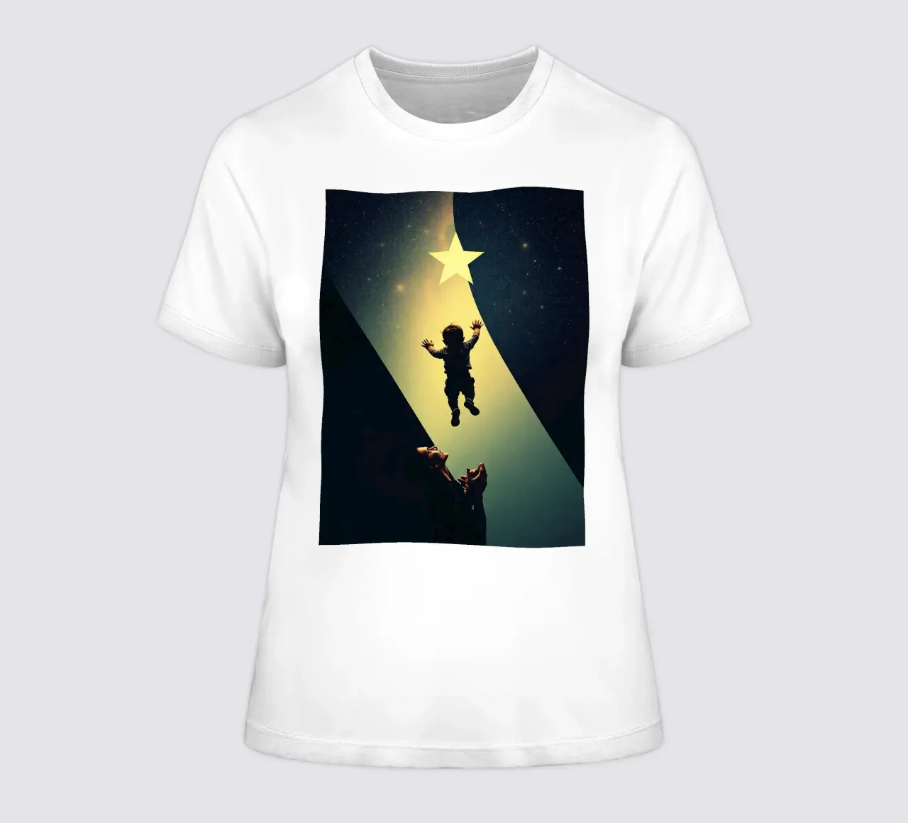 Child reaching for a star while parent looks on in awe women's fitted t-shirt by DesignDoodle