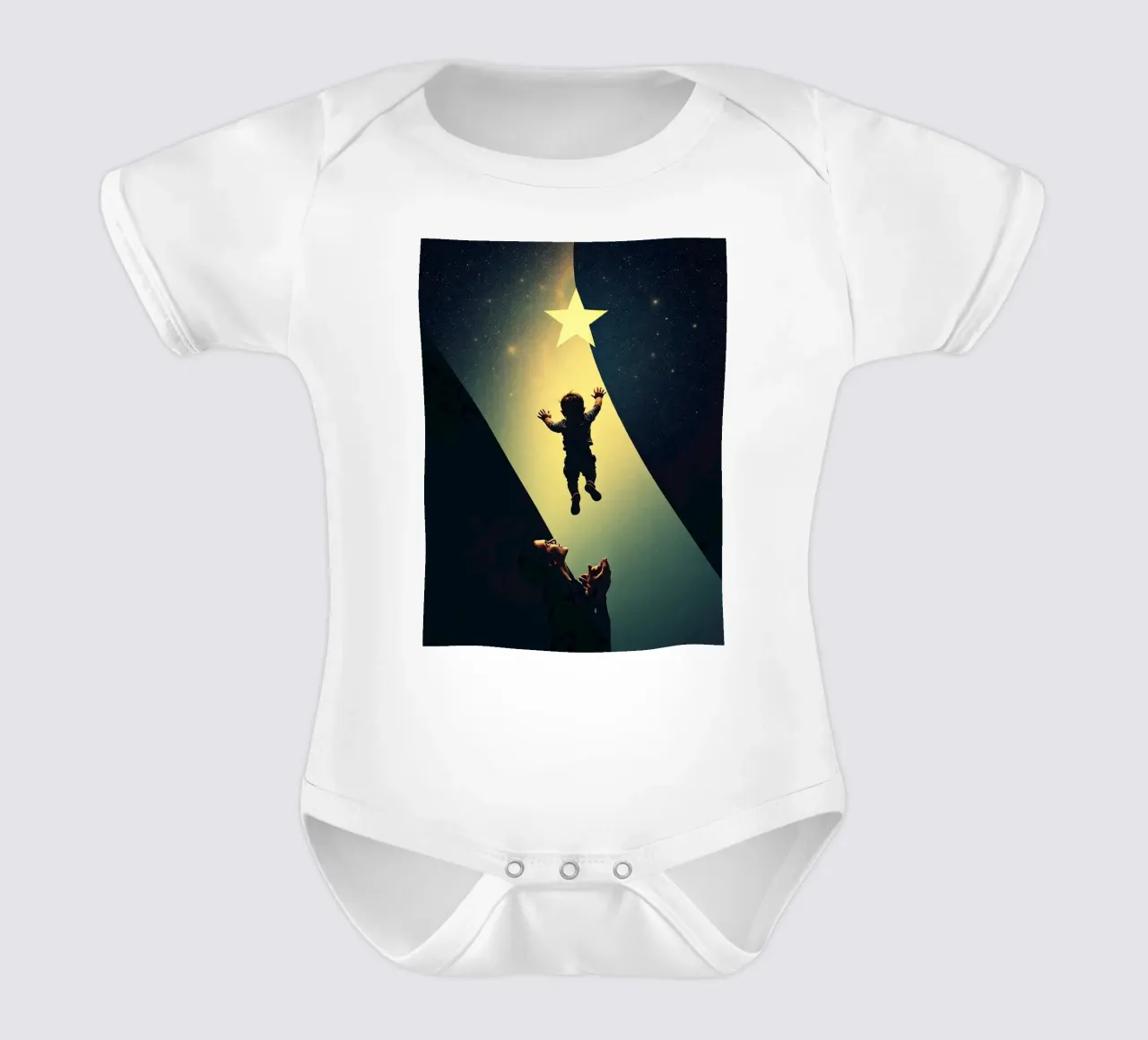Bambino che cerca di raggiungere una stella mentre il genitore lo guarda stupito body neonato maniche corte da DesignDoodle