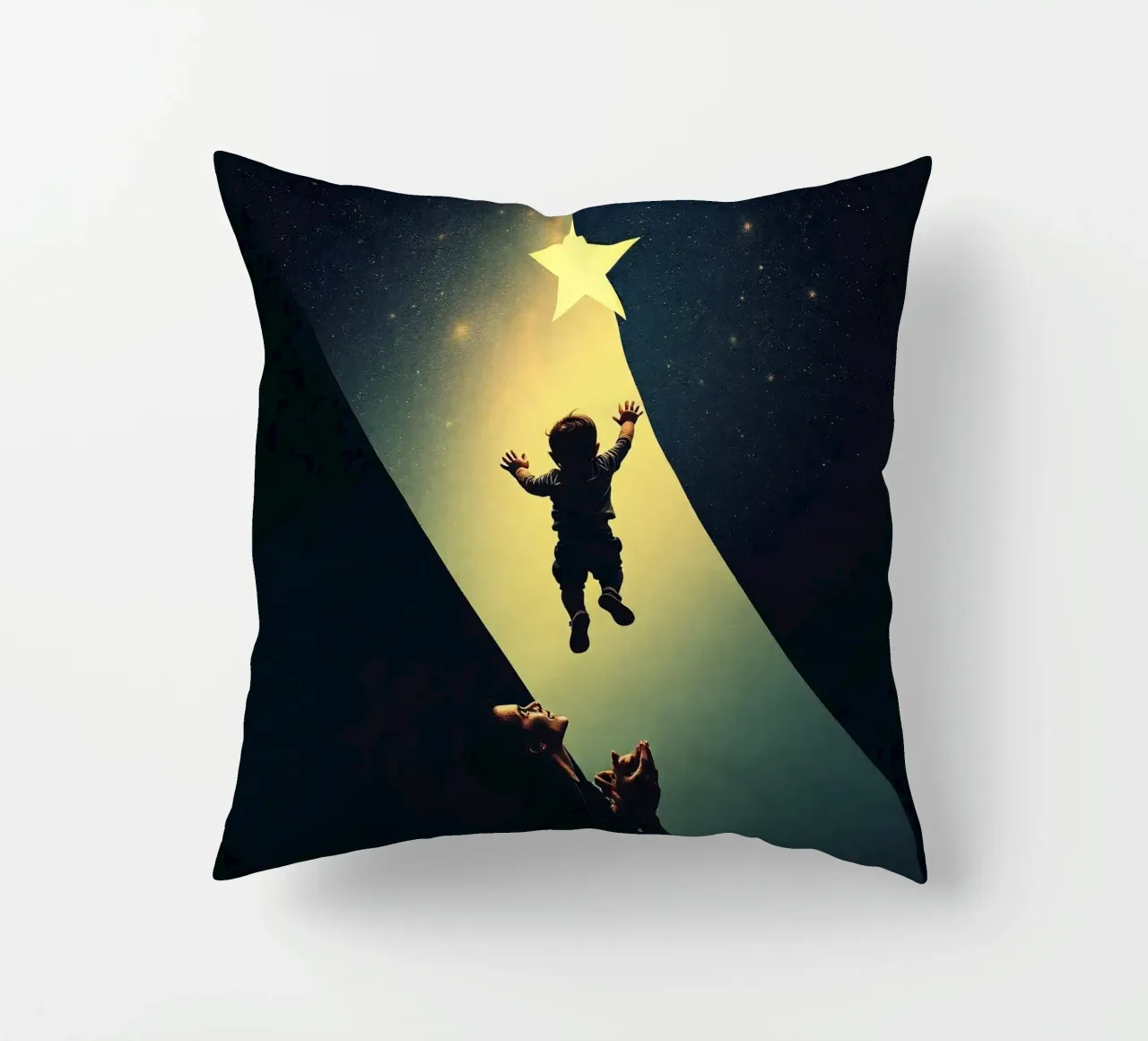 Child reaching for a star while parent looks on in awe decorative cushion by DesignDoodle