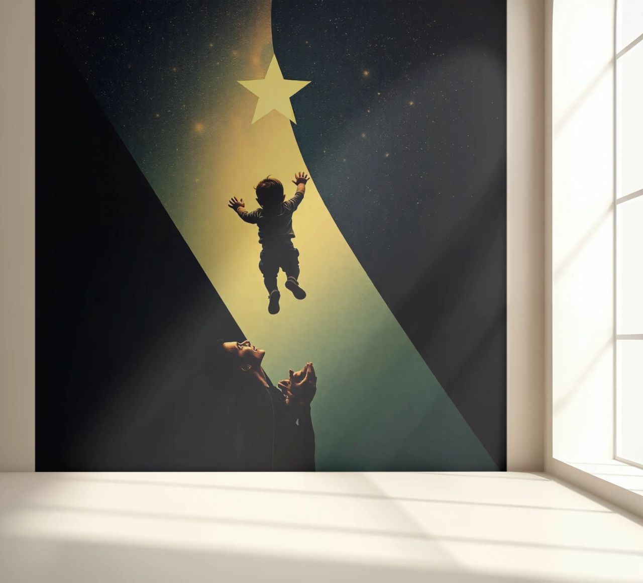 Enfant tentant d'atteindre une étoile sous le regard émerveillé d'un parent papier peint photo de DesignDoodle