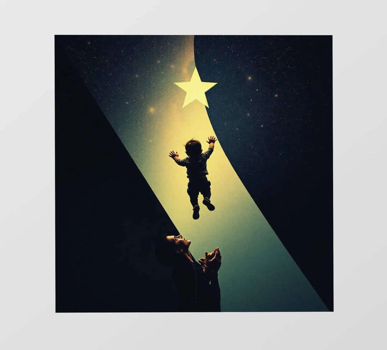 Enfant tentant d'atteindre une étoile sous le regard émerveillé d'un parent papier peint photo de DesignDoodle