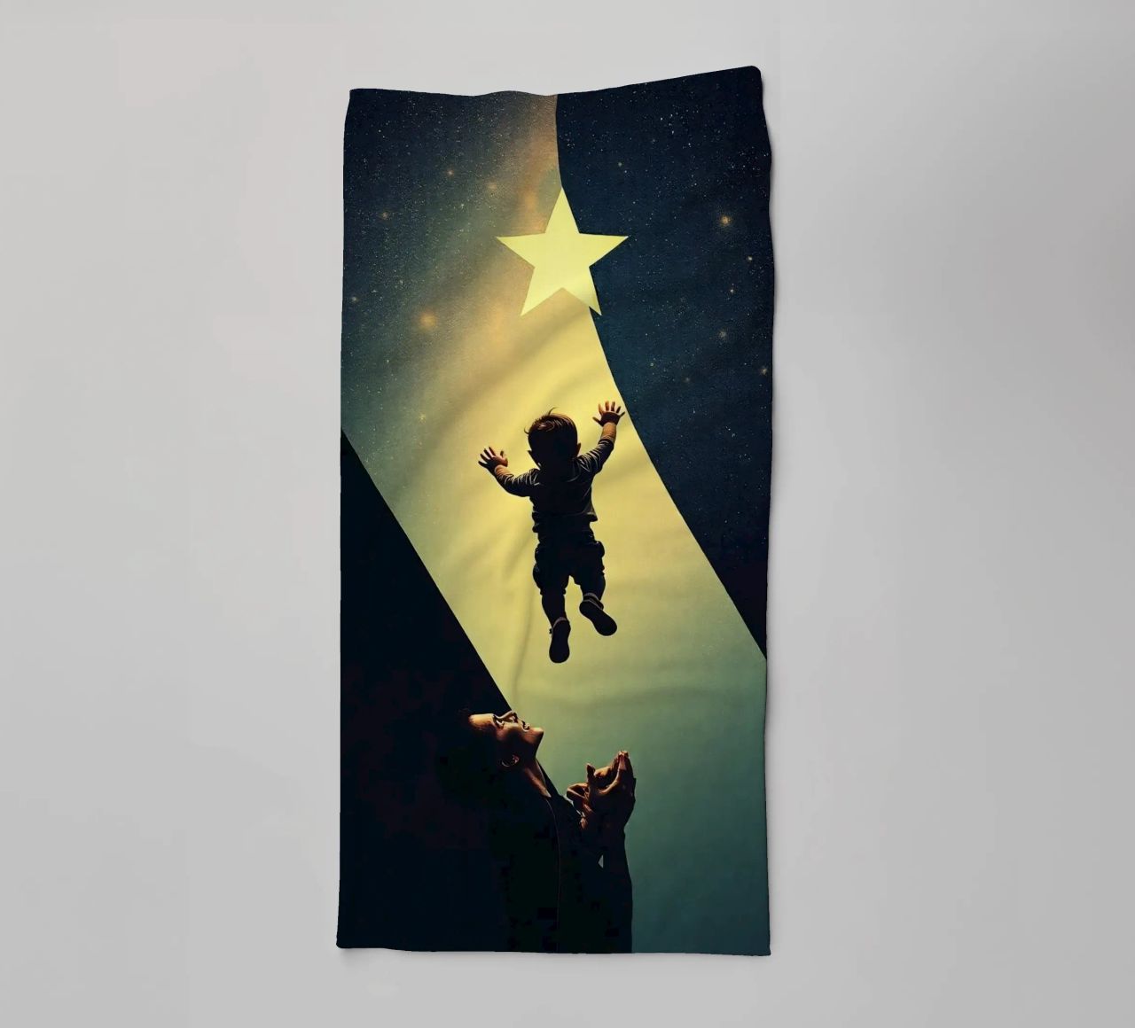 Enfant tentant d'atteindre une étoile sous le regard émerveillé d'un parent serviette de bain de DesignDoodle