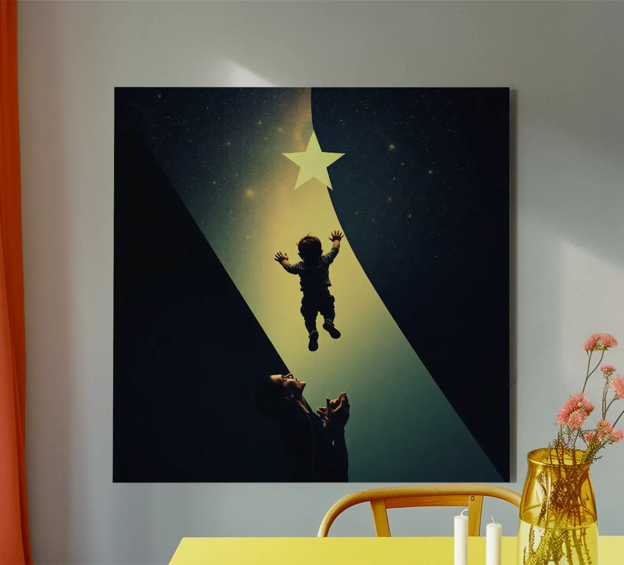 Bambino che cerca di raggiungere una stella mentre il genitore lo guarda stupito alluminio dibond da DesignDoodle