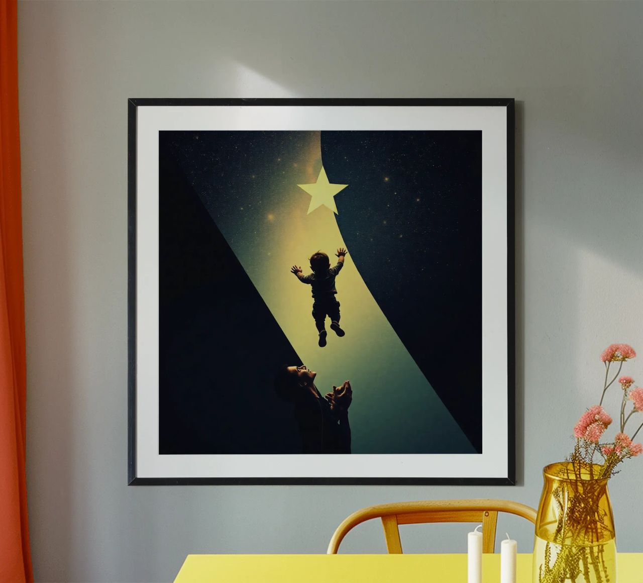 Enfant tentant d'atteindre une étoile sous le regard émerveillé d'un parent hahnemühle de DesignDoodle