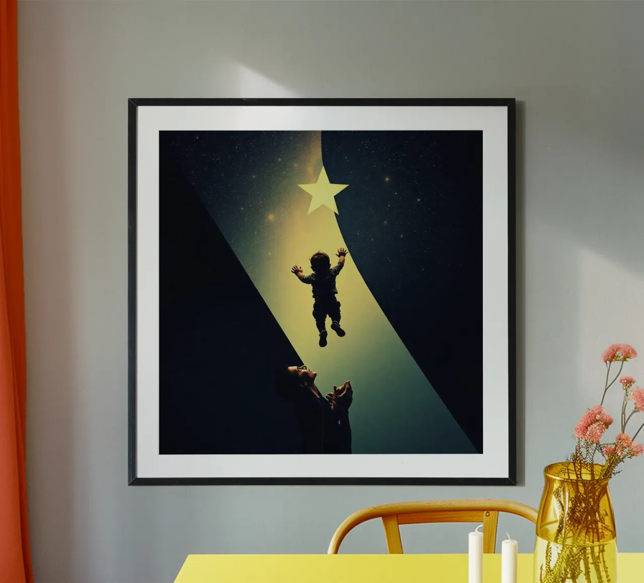 Bambino che cerca di raggiungere una stella mentre il genitore lo guarda stupito carta hahnemühle da DesignDoodle