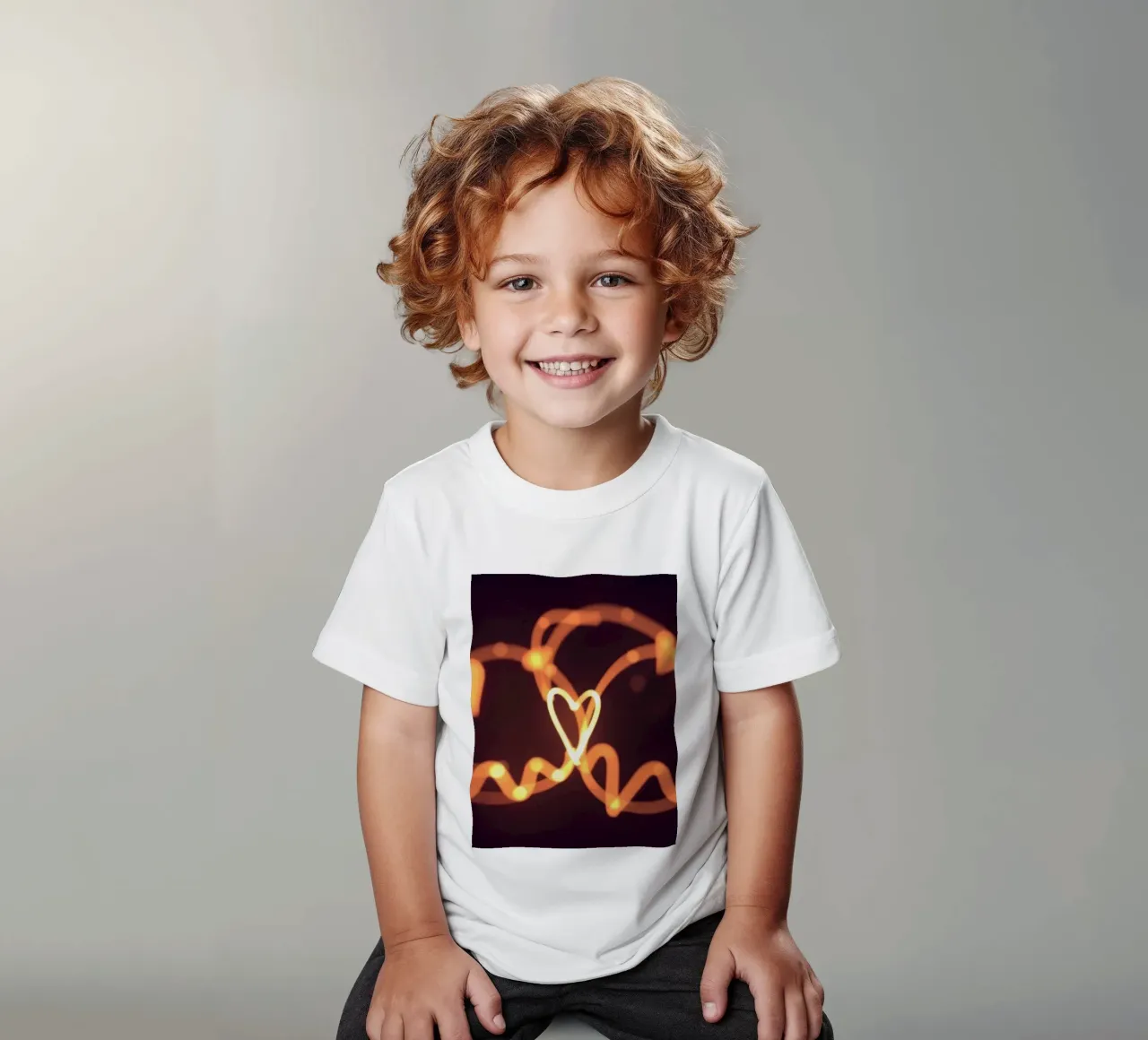 light art featuring glowing hearts and whimsical shapes kids t-shirt by DesignDoodle
