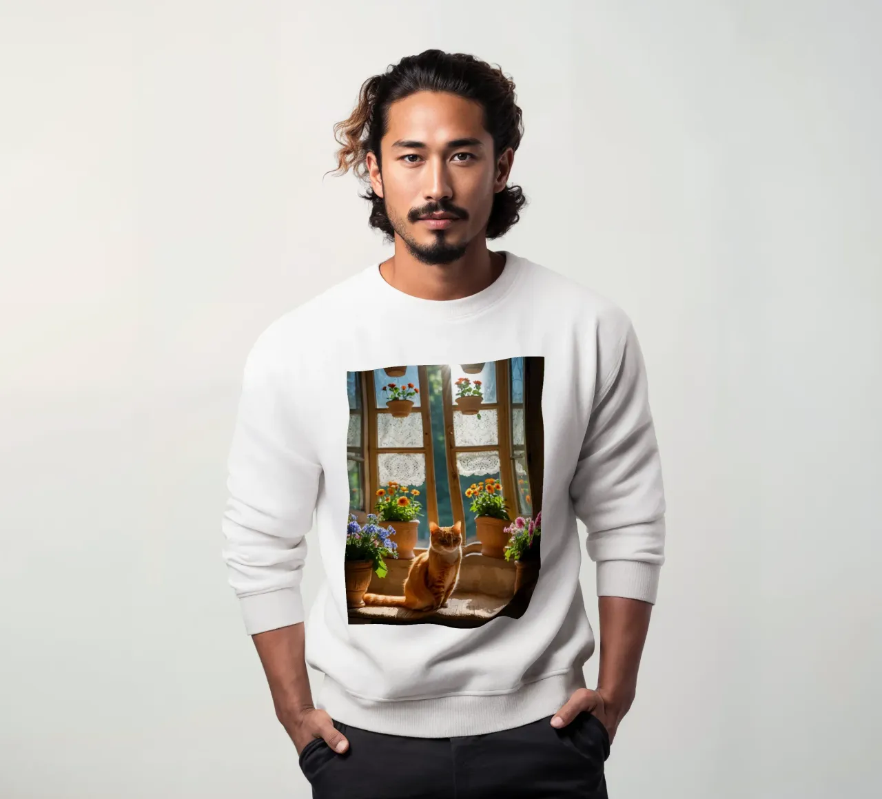 Ginger cat resting on windowsill surrounded by colorful flow sweatshirt by DesignDoodle