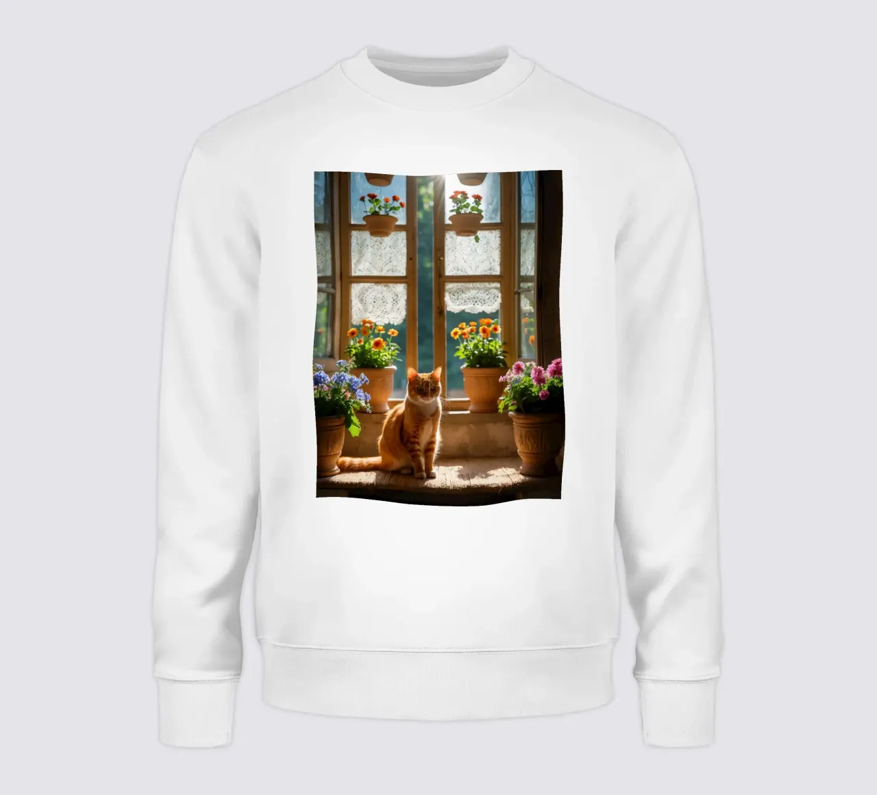 Ginger cat resting on windowsill surrounded by colorful flow sweatshirt by DesignDoodle