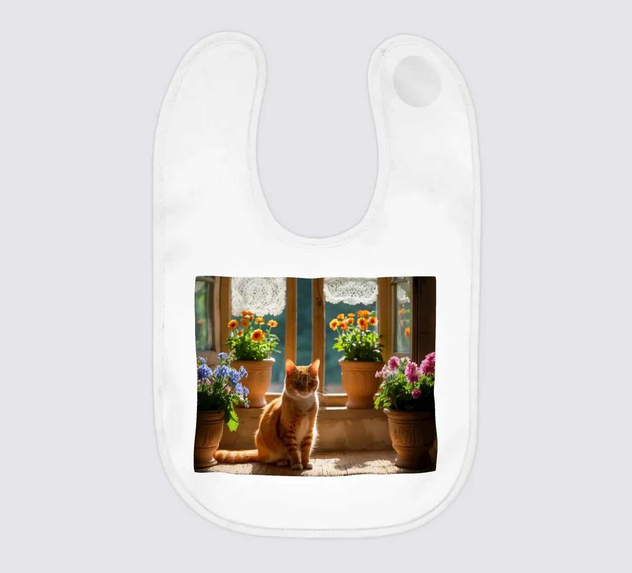 Ginger cat resting on windowsill surrounded by colorful flow baby bib by DesignDoodle
