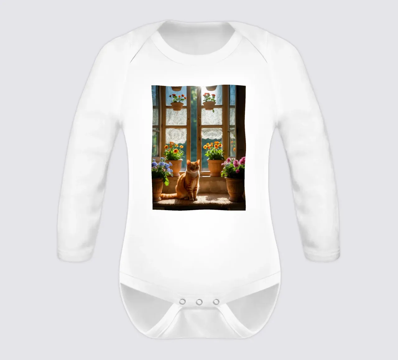 Ginger cat resting on windowsill surrounded by colorful flow long-sleeve baby romper by DesignDoodle