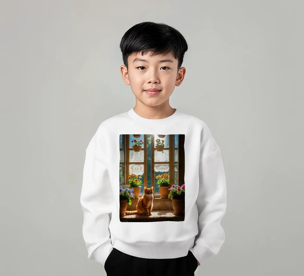 Ginger cat resting on windowsill surrounded by colorful flow kids sweatshirt by DesignDoodle